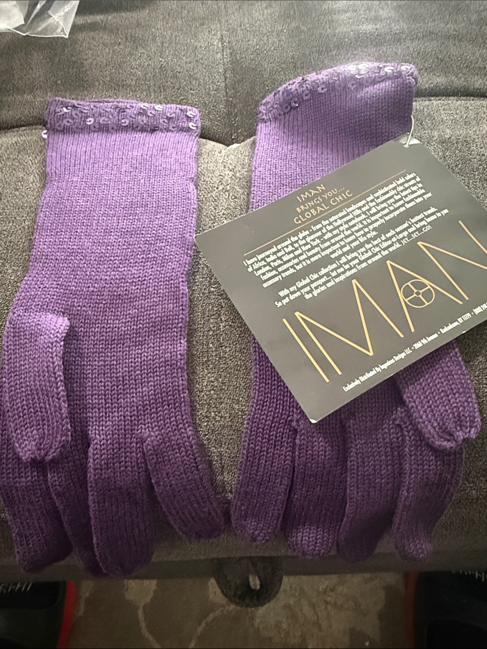 IMAN Purple Knit Gloves with Sequin Cuff Trim NWT